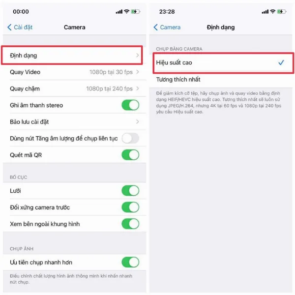 Chọn định dạng Hiệu suất cao