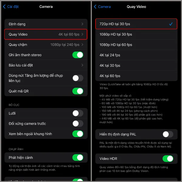 Chọn độ phân giải 720p để quay video dung lượng thấp trên iPhone