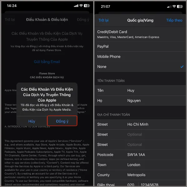 Chọn Đồng ý lần nữa, điền thông tin địa chỉ và số điện thoại, sau đó chọn Tiếp theo