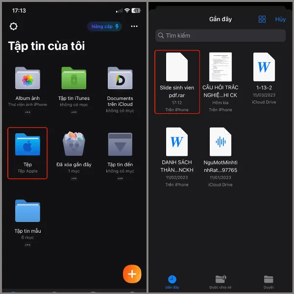 Chọn file RAR cần giải nén trong ứng dụng Documents