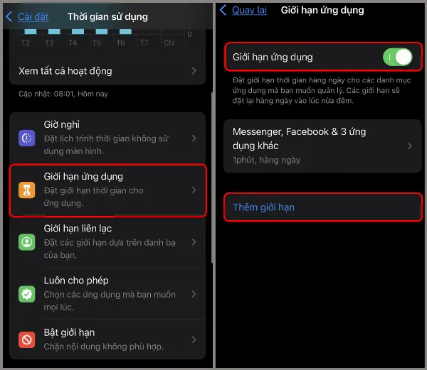 Chọn Giới hạn ứng dụng và Thêm giới hạn trong phần Thời gian sử dụng.