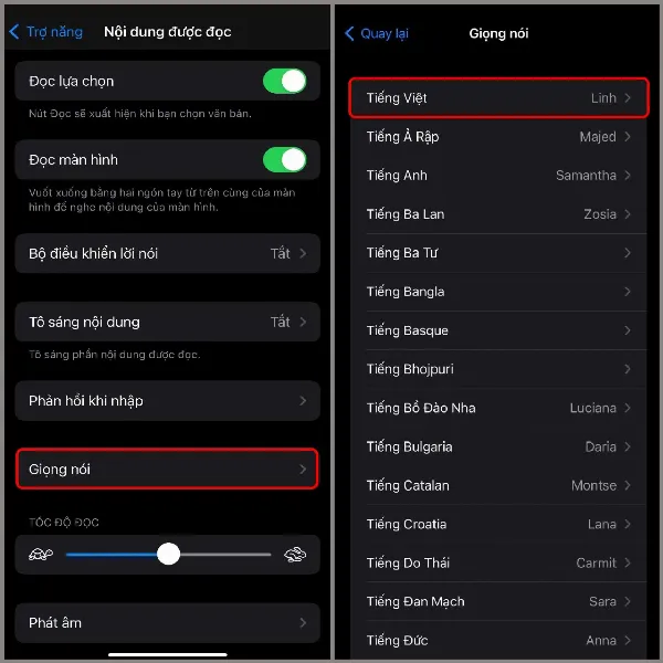 Cách đọc màn hình iPhone bằng Tiếng Việt giúp việc đọc văn bản trở nên vô cùng đơn giản, cùng thử nhé! 3 Chọn Giọng nói, sau đó chọn Tiếng Việt trong cài đặt