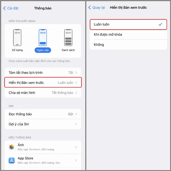 Chọn Hiển thị Bản xem trước và chuyển sang tùy chọn Luôn luôn
