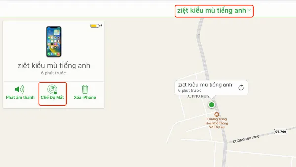 Chọn iPhone bị mất và kích hoạt Chế Độ Mất