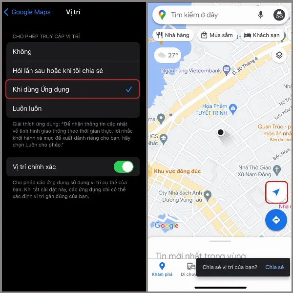 Chọn Khi dùng Ứng dụng và nhấn lại biểu tượng Định vị để xem vị trí trên Google Maps