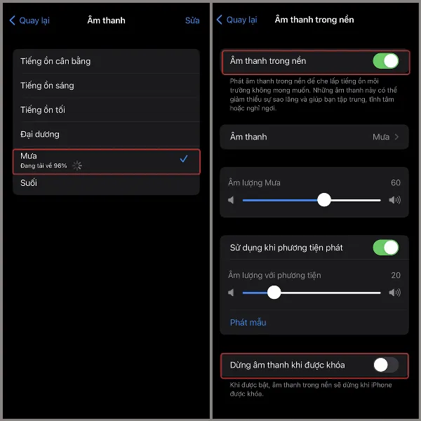 Chọn loại âm thanh, điều chỉnh chế độ phát, dừng khi khóa