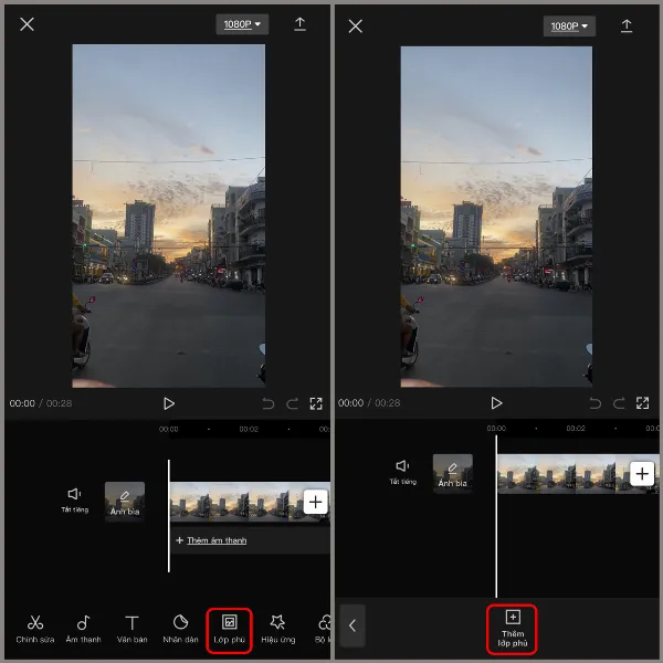 Chọn Lớp phủ và Thêm lớp phủ trong CapCut