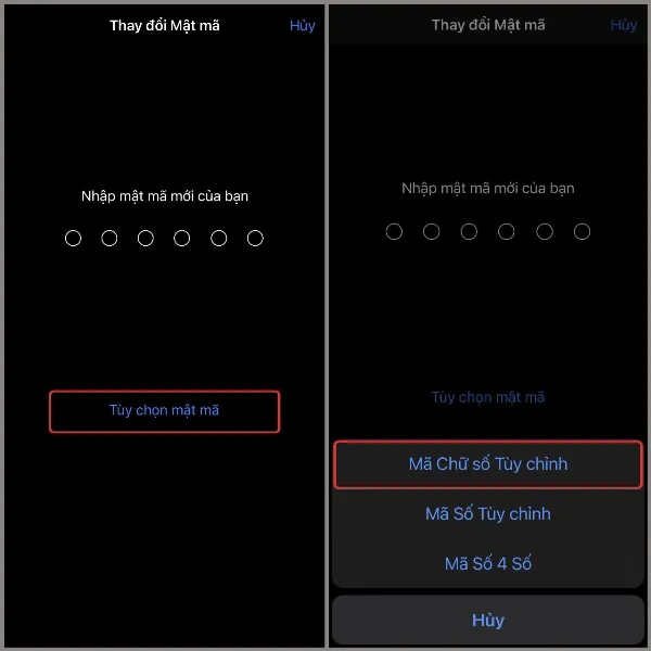 Chọn Mã Chữ số Tùy chỉnh trong Tùy chọn mật mã