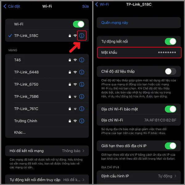 Chọn mạng Wi-Fi và nhấn vào biểu tượng chữ i