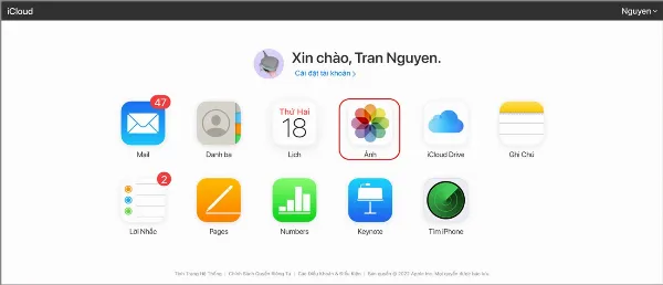 Chọn mục Ảnh trong giao diện iCloud trên máy tính