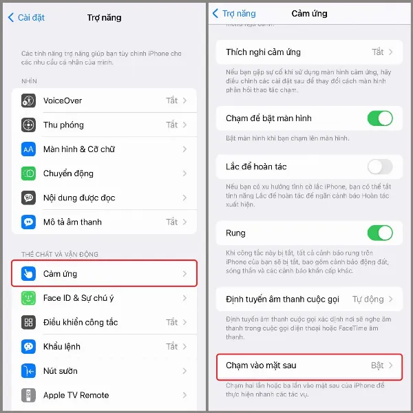 Chọn mục Cảm ứng và kích hoạt tính năng Chạm vào mặt sau