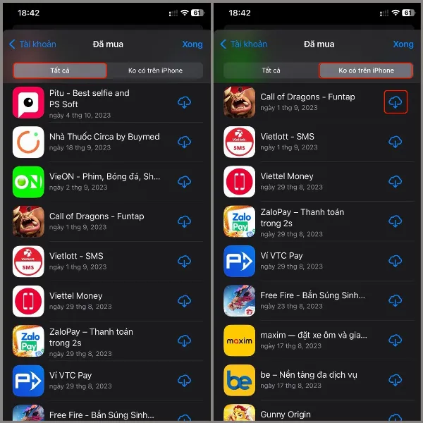 chọn mục Đã mua để xem danh sách ứng dụng