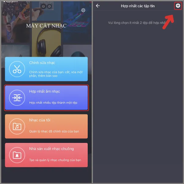 Cách ghép các đoạn ghi âm trên iPhone siêu dễ, giúp bạn có một bản ghi âm hoàn chỉnh như ý muốn 2 Chọn mục Hợp nhất âm nhạc và nhấn dấu cộng để thêm file