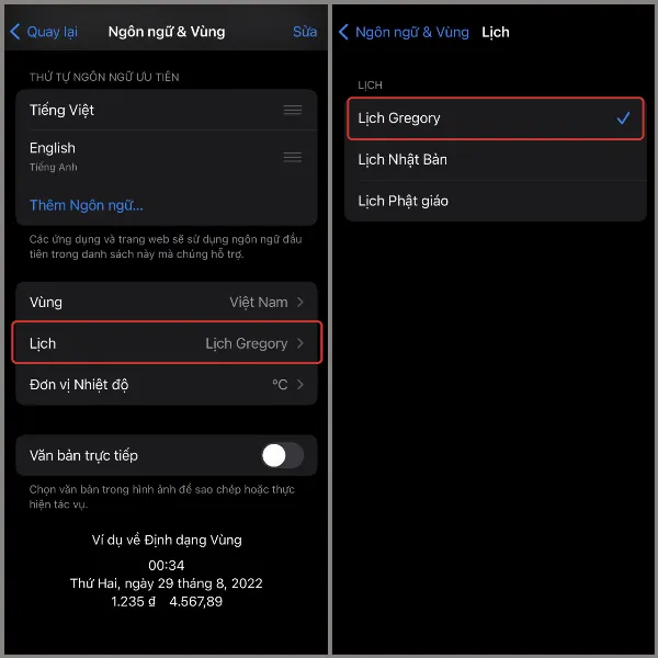 Chọn mục Lịch, sau đó chọn Lịch Gregory