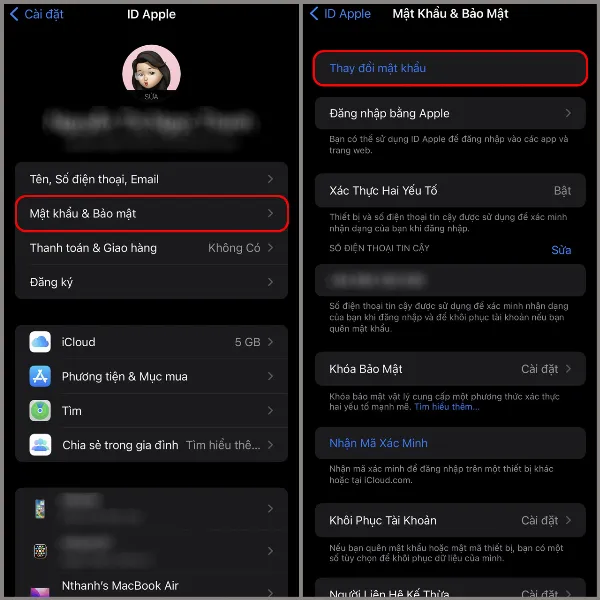 Chọn mục Mật khẩu & Bảo mật và Thay đổi mật khẩu trong cài đặt Apple ID.