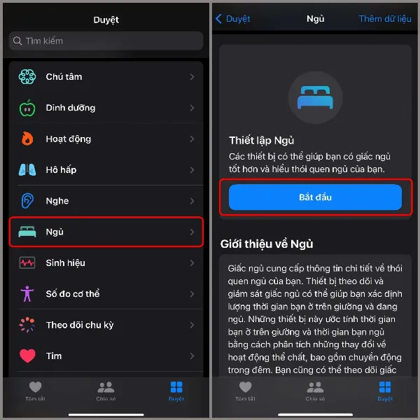 Chọn mục Ngủ và nhấn Bắt đầu thiết lập