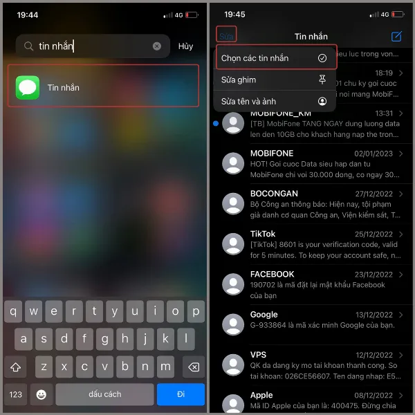 Chọn mục Sửa và Chọn tin nhắn trong ứng dụng Tin nhắn