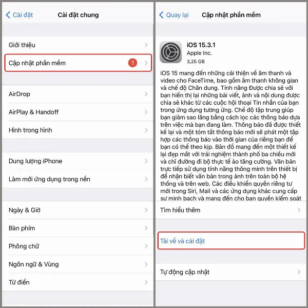 Chọn Tải về và cài đặt để cập nhật phần mềm