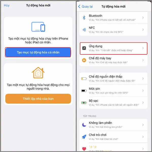 Chọn Tạo mục tự động hóa cá nhân và chọn Ứng dụng