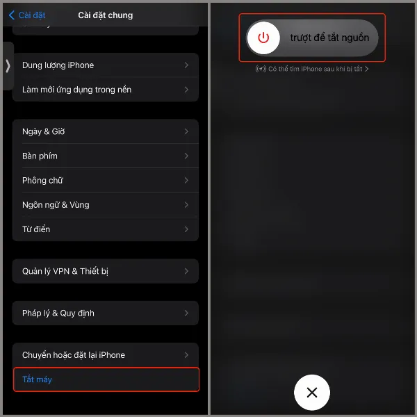 Chọn Tắt máy trong Cài đặt chung