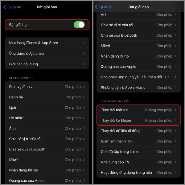 Chọn thay đổi mật mã và thay đổi tài khoản