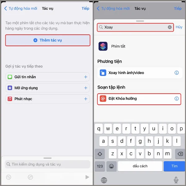 Chọn Thêm tác vụ, tìm kiếm Xoay và chọn Đặt Khóa hướng