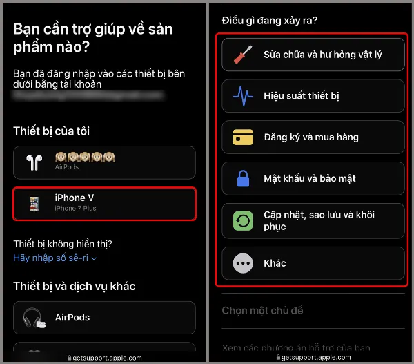 2 cách liên hệ hỗ trợ Apple để yêu cầu sửa chữa và giải quyết những vấn đề về iPhone của bạn hiệu quả 7 Chọn thiết bị và vấn đề cần hỗ trợ