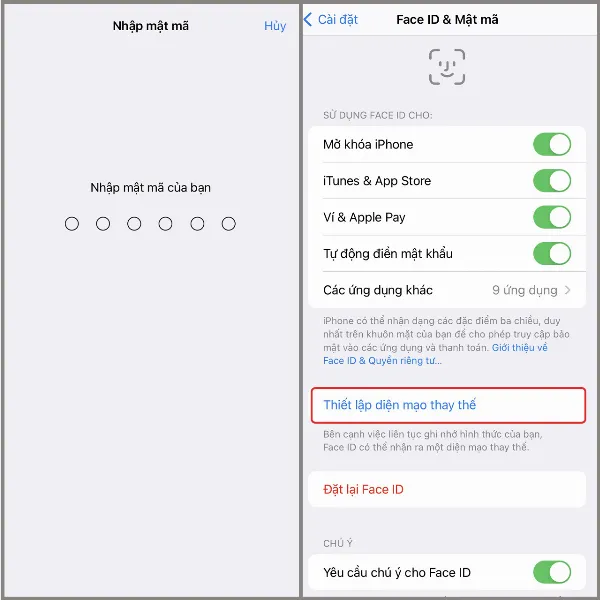 Cách cài 2 Face ID cho iPhone 11 series cực đơn giản, để người thân thiết của bạn có thể cùng sử dụng chung 2 Chọn thiết lập diện mạo thay thế