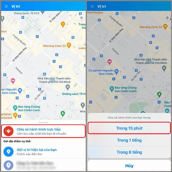 Chọn thời gian chia sẻ hành trình trực tiếp trên Zalo