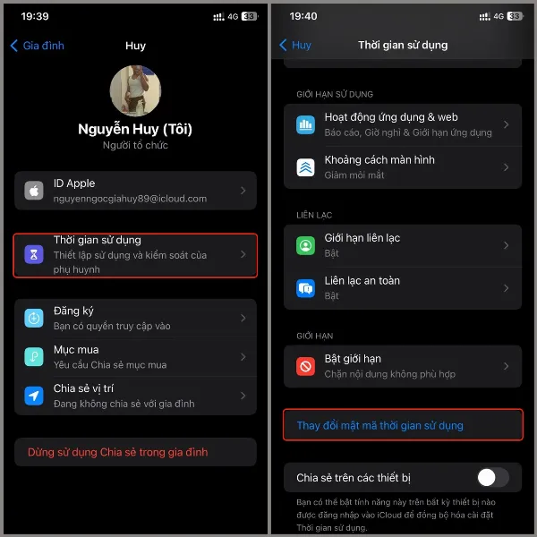 Chọn Thời gian sử dụng và Thay đổi mật mã