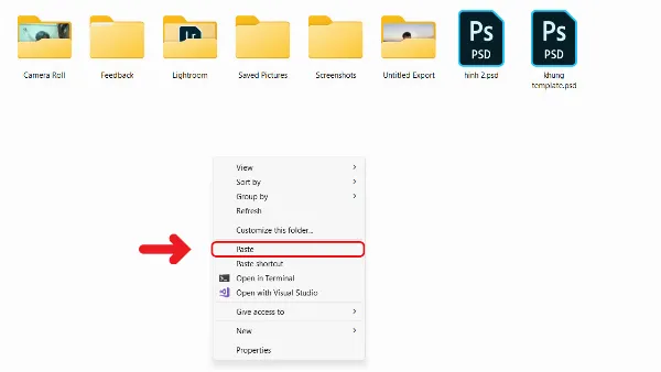 Chọn thư mục lưu trữ trên máy tính, nhấn chuột phải và chọn Paste