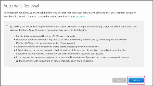 Chọn tự động gia hạn và nhấn "Purchase"