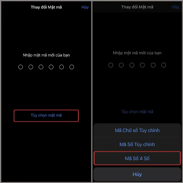 Chọn Tùy chọn mật mã, sau đó chọn Mã số 4 số
