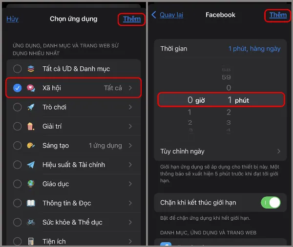 Chọn ứng dụng cần khóa, đặt thời gian giới hạn 1 phút.