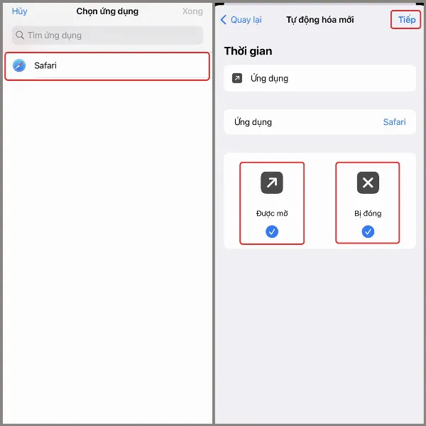 Chọn ứng dụng, đánh dấu Được mở và Bị đóng, nhấn Tiếp