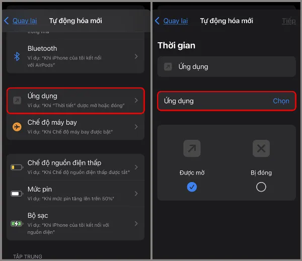 Chọn Ứng dụng và chọn ứng dụng cần khóa trong phần tạo tự động hóa.