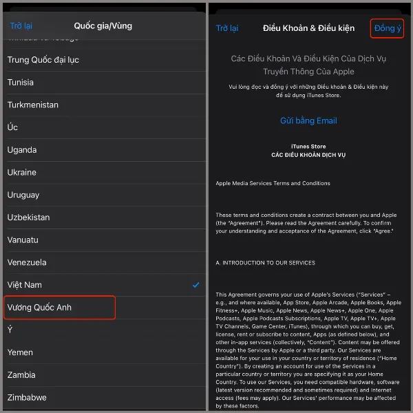 Chọn Vương Quốc Anh từ danh sách quốc gia, sau đó chọn Đồng ý