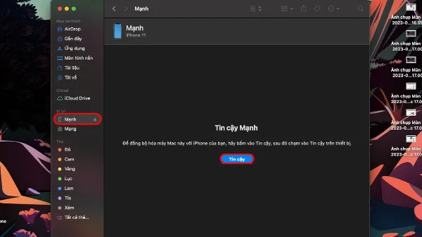 Cửa sổ Finder trên MacBook, hiển thị iPhone được kết nối và tùy chọn "Tin cậy" được chọn