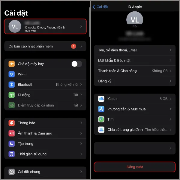 Đăng xuất và đăng nhập lại tài khoản Apple ID