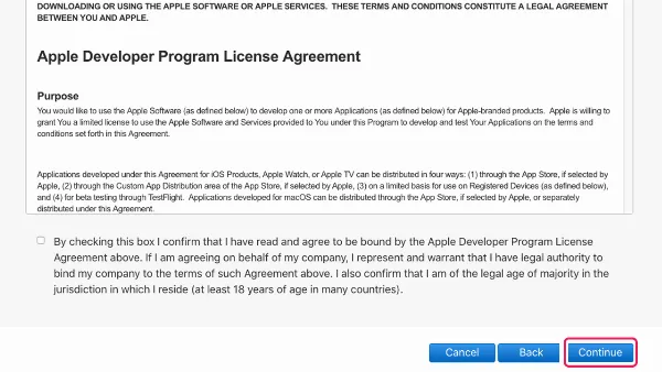 Đánh dấu vào ô xác nhận và nhấn "Continue"