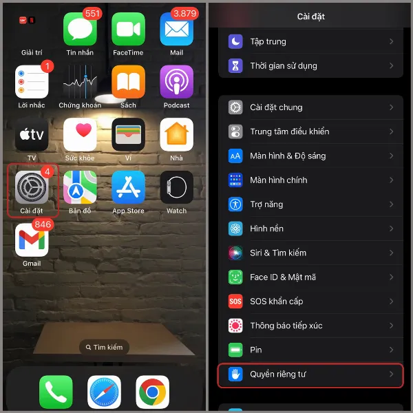Danh mục Quyền riêng tư trong Cài đặt iPhone