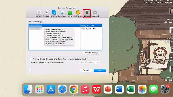 Danh sách các thiết bị đã sao lưu trong mục Devices của iTunes