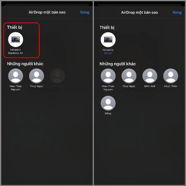 Danh sách các thiết bị khả dụng cho AirDrop, với tên MacBook được chọn