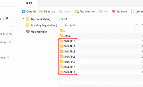 Danh sách các thư mục con trong DCIM hiển thị trên 3uTools, cho phép người dùng chọn nơi lưu trữ dữ liệu