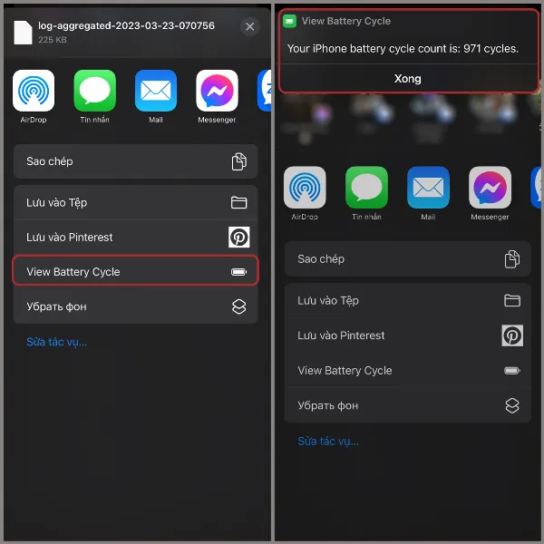 Danh sách các tùy chọn chia sẻ, với View Battery Cycle được chọn