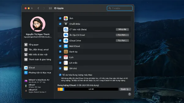 Danh sách các ứng dụng có thể đồng bộ với iCloud trên MacBook