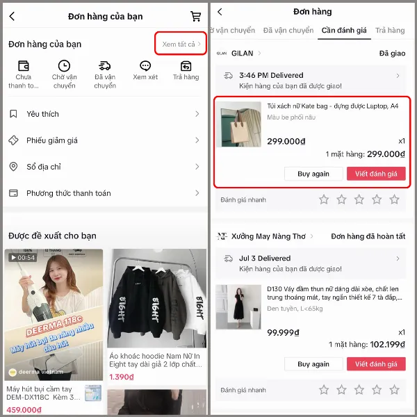 Danh sách đơn hàng TikTok, cho phép người dùng xem tất cả các đơn đã mua