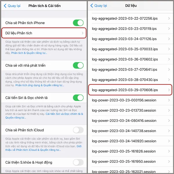 Danh sách Dữ liệu Phân tích trên iPhone, với tệp tin log-aggregated được tô sáng