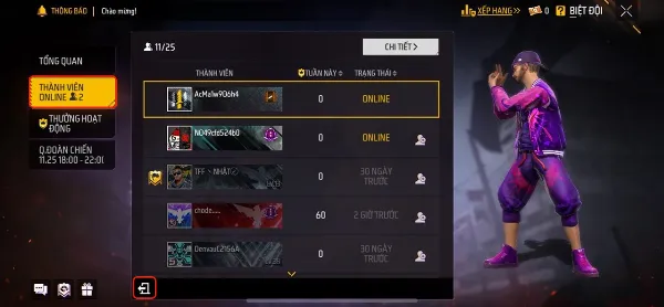 Danh sách thành viên quân đoàn trong Free Fire, mũi tên chỉ vào biểu tượng rời quân đoàn