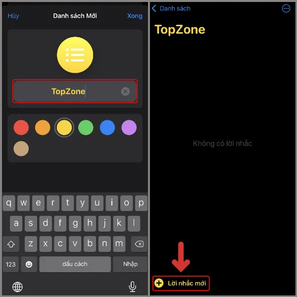 Đặt tên và chọn màu sắc cho danh sách lời nhắc